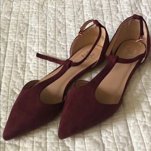 Burgundy Suede Flats with T-strap.